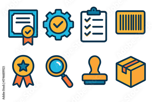 Quality Assurance Icons. Quality Assurance flat icon set. certificate badge, gear with check, clipboard checklist, barcode, ribbon award, magnifying glass, approval stamp, package