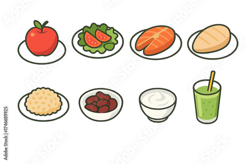 Isometric Healthy Food Icons. Healthy icons isometric set. apple on plate, salad plate, fish fillet plate, chicken breast plate, brown rice plate, beans on plate, yogurt bowl