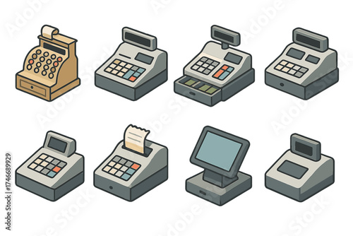 Isometric Cash Register Icons. Classic registers isometric set. vintage cash register, modern cash register, open drawer register, closed drawer register, keypad register, receipt