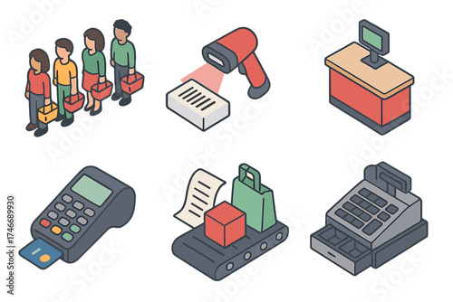 Retail Checkout Icons. Retail checkout isometric set. queue of shoppers, barcode scan, counter desk, credit card reader, printed slip, product bag, conveyor belt, store till.