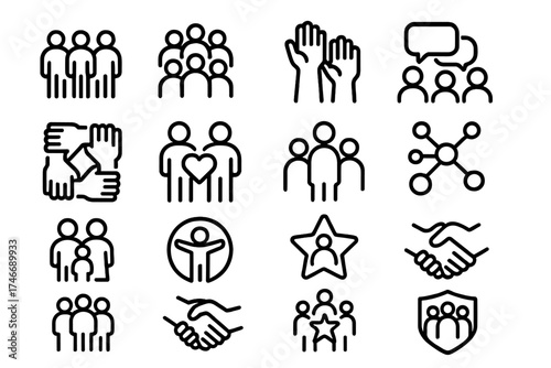 Icons of Unity. Togetherness outline icons. people in line, community gathering, raised hands, group chat bubble, teamwork icon, shared heart, collective group, social bond
