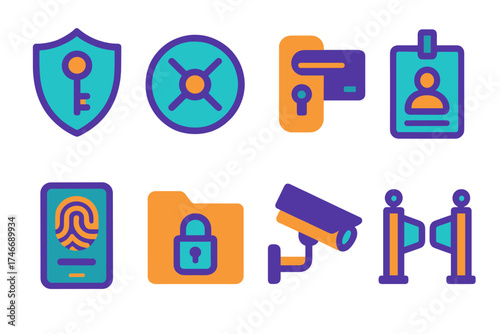 Modern Security Icons. Security hotel key flat icon set. shield with key, vault door, lock with card, ID badge, fingerprint scanner, secure folder, CCTV camera, access gate.
