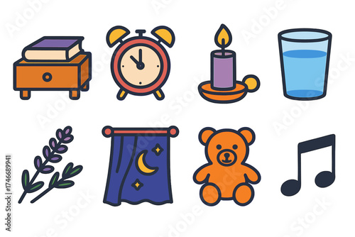 Bedtime Essentials Icons. Bedtime icons flat icon set. book on nightstand, alarm clock, candle, glass of water, lavender sprig, night curtain, plush toy, lullaby notes.