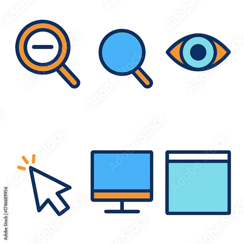 Minimalist Zoom Icon Set. Basic zoom out flat icon set. magnifying glass with minus sign, lens, eye, cursor, screen, frame.