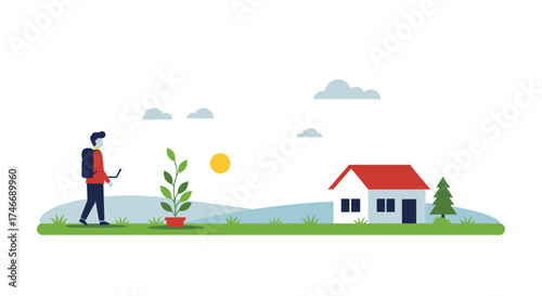 Man walking with a tablet near a house and green landscape