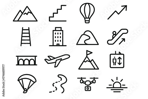 Journey to the Summit. Elevation outline set. mountain peak, staircase, hot air balloon, rising arrow, ladder, skyscraper, hill, escalator, bridge, airplane, summit flag, elevator