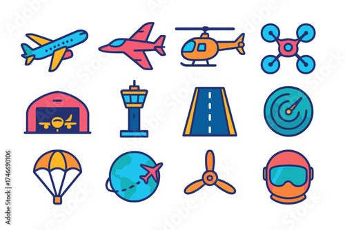 Modern Air Fleet Icons. Air fleet flat icon set. airplane, jet, helicopter, drone, hangar, control tower, runway, radar, parachute, globe with flight path, propeller, pilot helmet.