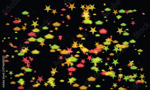 Festive geometric star confetti falling on black backdrop celebration background