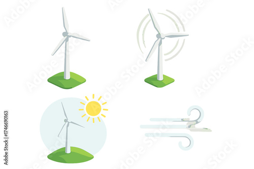 Isometric Wind Turbines. Wind turbine isometric set. tall turbine, spinning blades, grassy hill, clear sky, sun rays, flowing wind lines