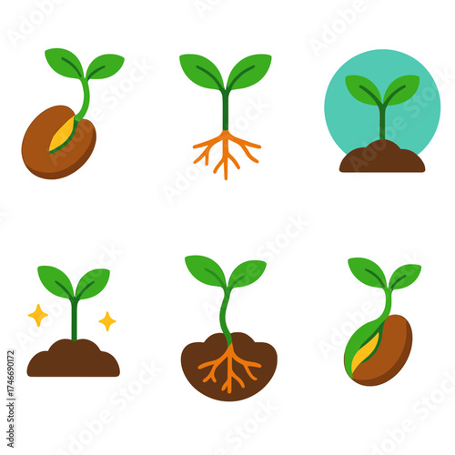 Vibrant Plant Sprout Icons. Plant sprout flat icon set. seed breaking open, small leaf pair, sprout with roots, seedling rising, sprout in circle, tiny plant with glow, soil and