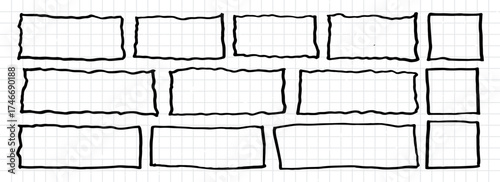 Black frames on grid paper pattern background. Notebook graph texture elements. Black outlined rectangles and square cadres. Hand-drawn line boxes, school note templates. Vector sketch design set