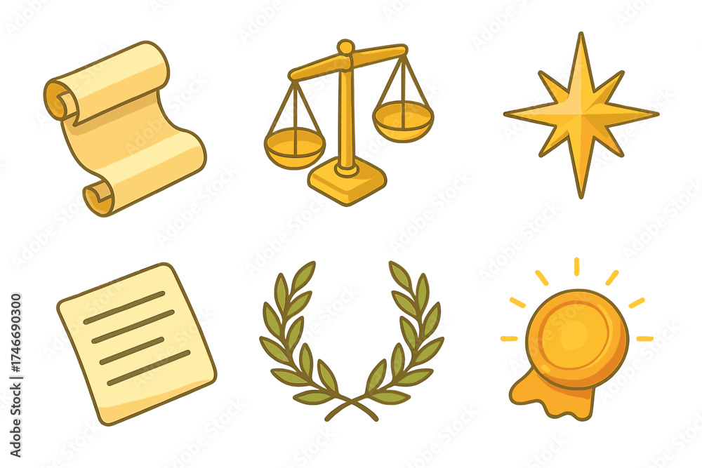 Fototapeta premium Principle Icon Set. Principle scroll isometric set. rolled parchment, balanced scales, guiding star, written lines, laurel wreath, glowing seal