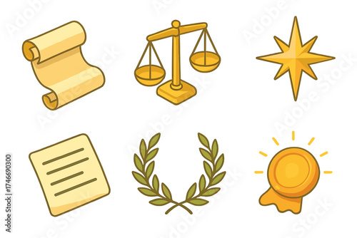Principle Icon Set. Principle scroll isometric set. rolled parchment, balanced scales, guiding star, written lines, laurel wreath, glowing seal