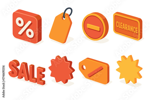 Isometric Sale Icons. Sale icons isometric set. percent sign, price tag, discount sticker, clearance badge, special offer label, bold SALE text, starburst sign, slashed price tag.