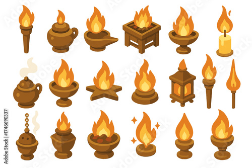 Ancient Fire Icons. Ancient fire isometric set. torch, oil lamp, brazier, altar flame, incense burner, fire bowl, eternal flame, candle, smoking censer, temple lantern, sacred