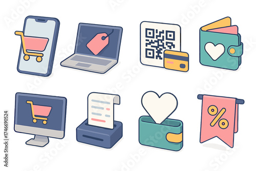 Digital Shopping Icons. Digital shopping isometric set. smartphone with cart, laptop with sale tag, QR code payment, e-wallet, online checkout, digital receipt, wishlist icon