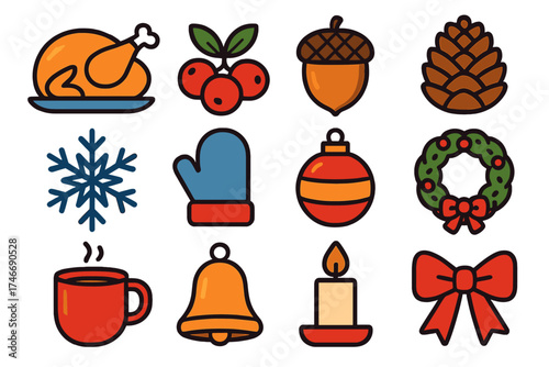 Festive Icons Collage. Holiday thankful heart flat icon set. turkey, cranberry, acorn, pinecone, snowflake, mitten, ornament, wreath, mug, bell, candle flame, bow.
