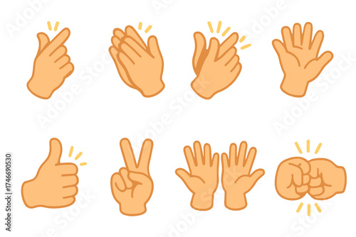 Joyful Gesture Icons. Happy gestures isometric set. finger snap, hand clap, double snap, cheerful wave, thumbs up, peace sign, jazz hands, fist bump.