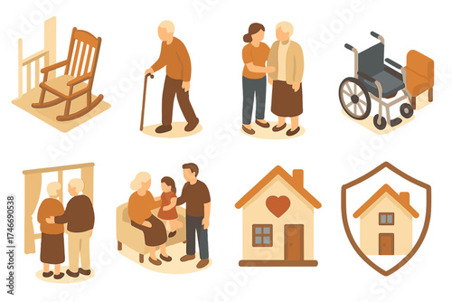 Senior Living Icons. Senior living isometric set. rocking chair on porch, elder walking with cane, caregiver with senior, wheelchair in home, elder couple by window, family visit