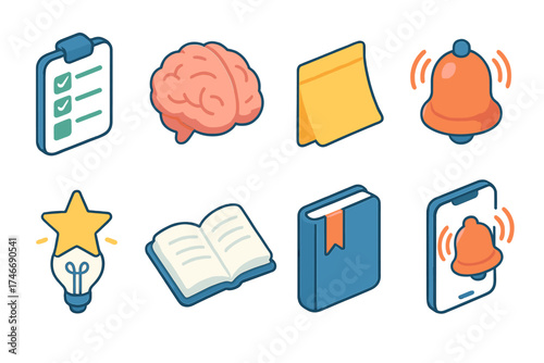 Isometric Support Icons. Recall support isometric set. checklist pad, brain symbol, post-it note, alarm chime, star idea, open diary, marked page, phone alarm.