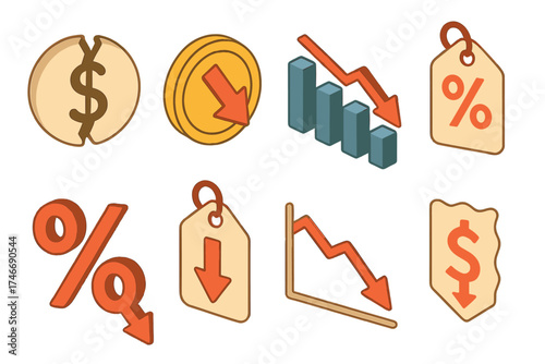 Value Decline Icons. Value fall isometric set. cracked dollar, coin with arrow, chart bar down, discount tag, falling percent sign, dropped price sticker, down line graph, reduced