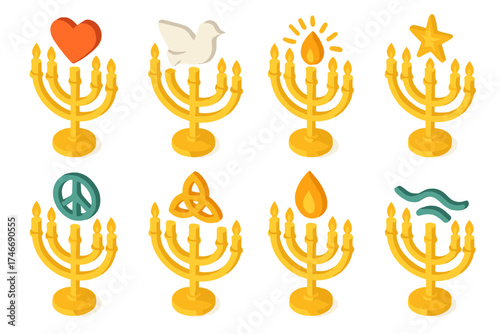 Symbolic Menorah Icons. Symbolic menorahs isometric set. menorah with heart, menorah with dove, menorah with flame rays, menorah with guiding star, menorah with peace circle