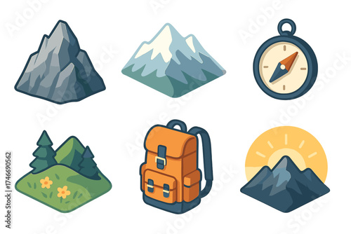 Isometric Mountain Icons. Mountain peak isometric set. rocky crag, snowy ridge, guiding compass, backpack, alpine meadow, glowing horizon