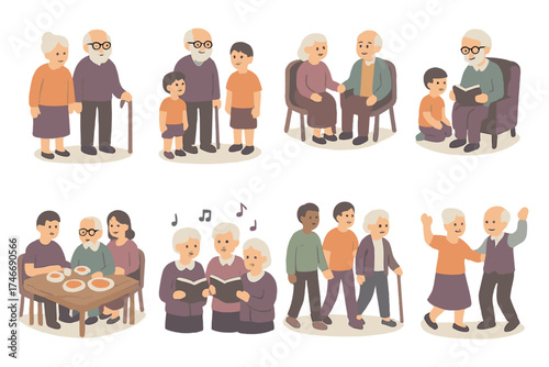 Elder Community Icons. Community icons isometric set. group of elders, elder with grandchildren, senior friends gathering, elder storytelling, family dinner with elders, choir of