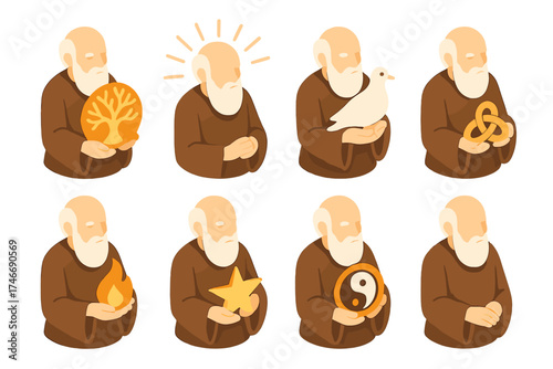 Elders' Symbolic Icons. Symbolic elders isometric set. elder with tree of life, elder with light rays, elder with dove, elder with flame, elder with star, elder with harmony circle