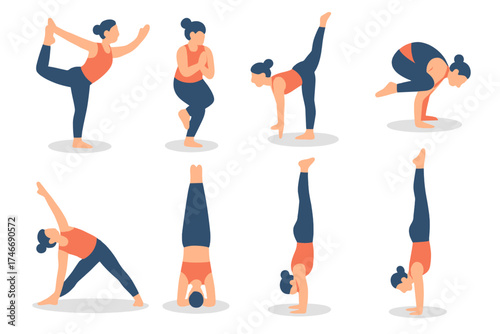 Yoga Balance Icons. Balance poses isometric set. dancer pose, eagle pose, half moon pose, crow pose, side plank, headstand, forearm stand, handstand.