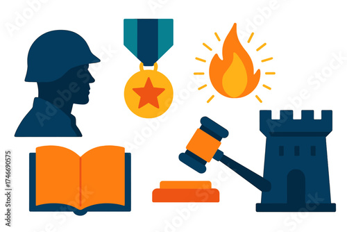 Duty and Honor Icons. Duty honor flat icon set. soldier silhouette, medal badge, open book, justice gavel, radiant flame, sturdy tower