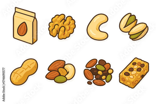 Nutty Delights Icons. Nutritious bites isometric set. almond pack, walnut, cashew, pistachio, peanut, mixed nuts, trail mix, granola bar.