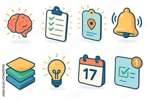 Memory Icons Collection. Helpful memory isometric set. highlighted brain, glowing checklist, reminder card, ringing bell, sticky notes stack, idea spark, calendar day, task