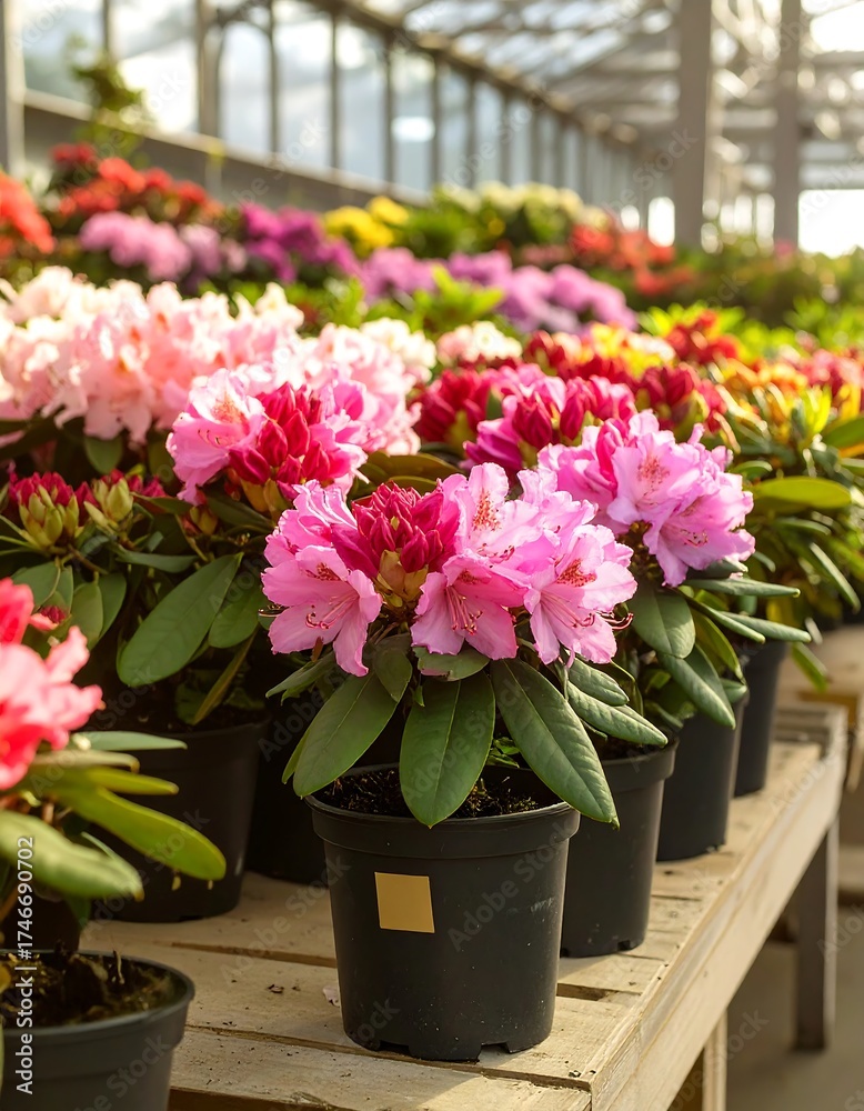 Obraz premium Vibrant rhododendron display in a greenhouse