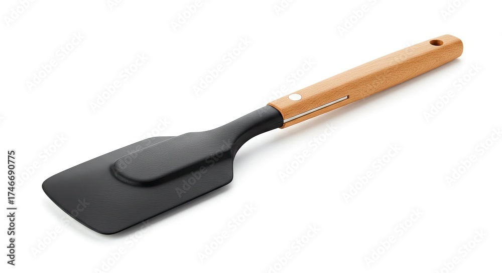Fototapeta premium Spatula black flexible head light wood handle metal trim circular hole at the top smooth surface no background