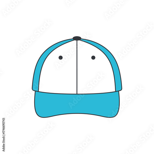 A simple, clean illustration of a classic baseball cap featuring a white crown and a vibrant blue brim, perfect for sports, casual wear, or branding designs.