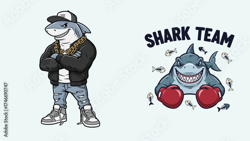 Cartoon sharks in apparel and boxing gloves illustration bundle design