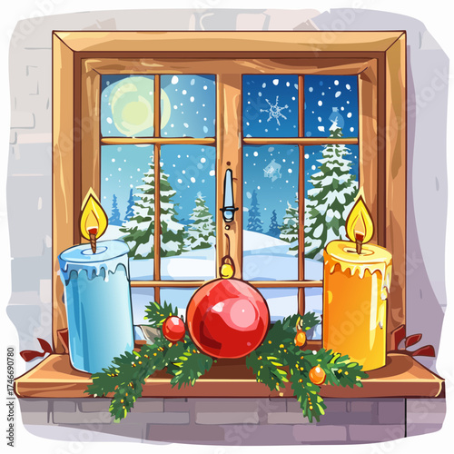 Fensterbank mit winterlicher Weihnachtsdekoration und Schneefall draußen