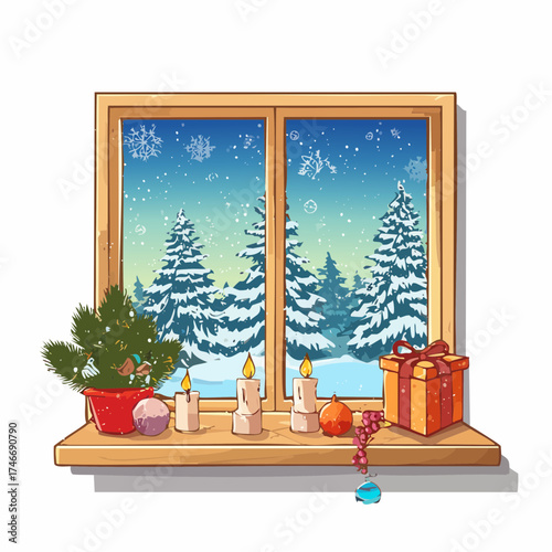 Fensterbank mit winterlicher Weihnachtsdekoration und Schneefall draußen