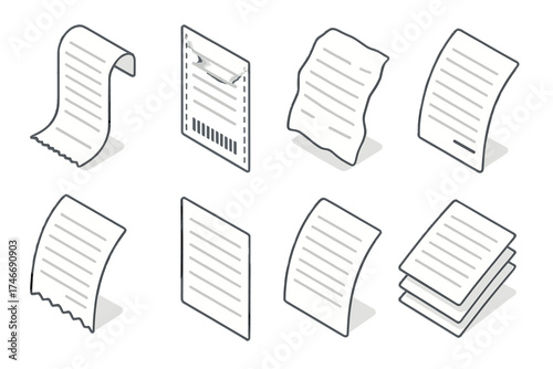 Isometric Receipt Icons. Receipt slip isometric set. long paper roll, printed lines, dotted edges, barcode strip, crumpled slip, receipt with total, torn edge paper, stacked slips.