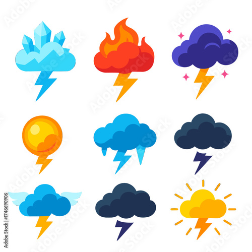 Fantasy Storm Clouds. Fantasy storms flat icon set. crystal storm cloud, firestorm cloud, ice storm cloud, magical thundercloud, glowing storm orb, winged storm cloud, shadow storm