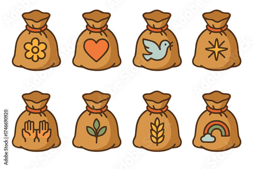 Isometric Sacks of Blessings. Symbolic treats isometric set. sack of joy, sack of love, sack of peace, sack of hope, sack of unity, sack of gratitude, sack of abundance, sack of