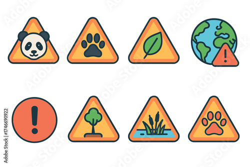 Conservation Alert Icons. Conservation alert isometric set. endangered animal sign, warning paw, leaf in triangle, fragile earth, alert exclamation, disappearing tree, risk habitat