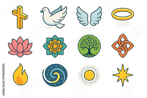 Spiritual Symbols Collection. Spiritual symbols isometric set. cross, dove, angel wings, halo, lotus flower, mandala, tree of life, infinity knot, sacred flame, cosmic swirl, aura
