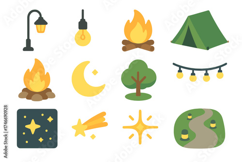 Isometric Outdoor Light Icons. Outdoor lights isometric set. street lamp, hanging bulb, campfire, tent, bonfire, moon, tree, fairy lights, night sky, shooting star, spark, pathway.