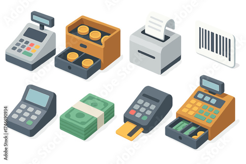 Modern Retail Icon Set. Retail register isometric set. checkout machine, drawer with coins, receipt printing, barcode stripe, keypad with display, stacked cash, credit card reader