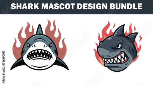 Two cartoon sharks with flames behind on a white background bundle design