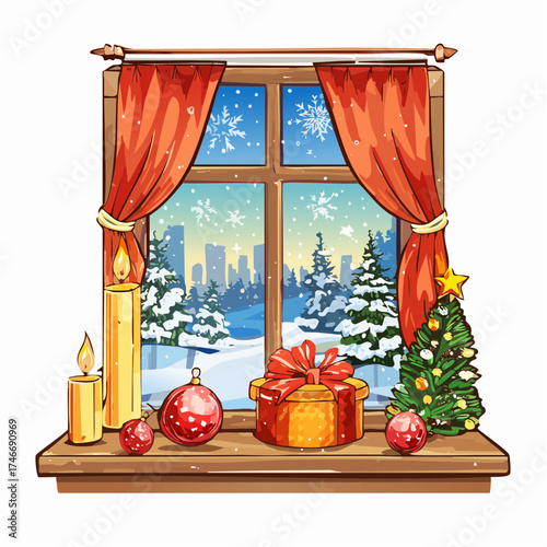 Fensterbank mit winterlicher Weihnachtsdekoration und Schneefall draußen