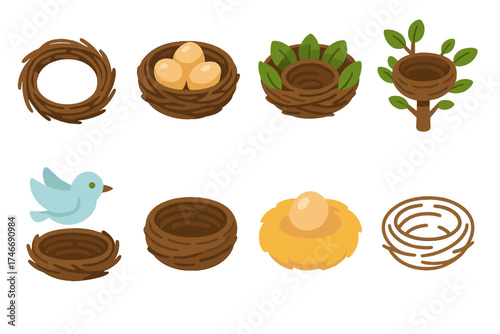 Isometric Nest Icons. Nature nest isometric set. twig circle, nest with three eggs, leafy nest, nest on tree, bird above nest, simple round nest, cozy egg nest, natural outline.