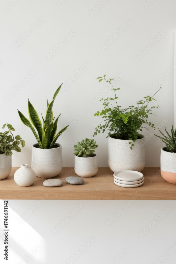 Obraz premium Potted Houseplants on Minimalist Wooden Shelf